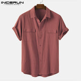Men Shirt Cotton Solid Color Vintage Lapel Short Sleeve Pockets Camisas Streetwear Casual Mens Clothing Harajuku INCERUN