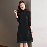 Collar Long-Sleeved Knitted Dress Women's Autumn And Winter Coat With Sweater 2024 Red Bottomed Medium-Length Dress-Outfit