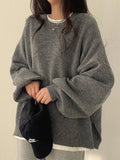 Oversized Split Hem Pullover Sweater-Outfit