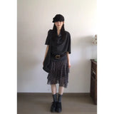 Collar Five-Sleeved T-Shirt Top Women Irregular Check-In Half Dress Korean