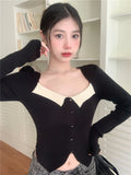 Temperament Black Collar Knitted Shirt 2025 Spring And Autumn New Open Fork Thin Short Bottom Long Sleeve