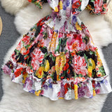 Summer Runway Holiday Beach Mini Dress Women's Stand Collar Short Sleeve High Elastic Waist Ruffles Short