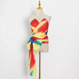 Hit Color Patchwork Bowknot Vests For Women Halter Sleeveless Backless Lace Up Sexy Camis Female New Summer