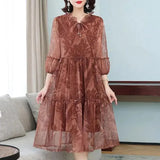 New Casual Half Sleeve Midi Dress Vintage Printed Women's Clothing Ruffles Spliced Stylish Drawstring Loose Gauze