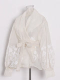 Toloer Retro Palace Style Top Autumn 2024 New Organza Lapel Lantern Sleeve Lace Printed Shirt Girl-Outfit