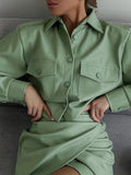 Fashion Faux Leather Women Suit Turn Down Collar Button Crop Coat Top High Waist Split Midi Skirt Fall Two Piece