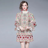 Women Retro Print Cascading Dress 2022 Spring Designer Runway Lace Round Neck Flare Sleeve Chic Flower Party Vestido