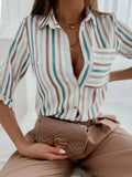 Letter Print Office Shirt Autumn Women Lapel Long Sleeve Single Breasted Blouse Elegant Pocket Camisas De Mujer