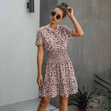 Women Leopard Casual Black Summer Ruffle Mini Dresses Buttons Ladies Purple Waisted Fitted Clothing 2020 Womens