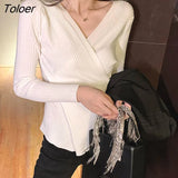 2023 Spring Autumn Ribbed V-neck Pullover Women Basic Solid Color Knitted Sweater Woman Slim Fit Long Sleeve Jumper