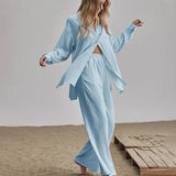 Loose Women Trouser Suits Long Sleeve Shirt With High Wasit Pants 2 Piece Sets Spring Pleated Elegant Office Lady