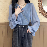 Temperament Spliced Chiffon Sleeve Long-Sleeved Top Women's Spring And Autumn New Design Sense Slimming