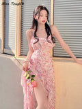 Floral Sexy Dress Women Split Backless Party Midi Dresses Female Print Holiday Korean Fashion Strap Dress Summer