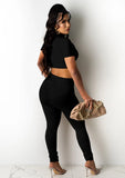 Sexy Stand Collar Short Sleeves Crop Top Solid Two Piece Pants