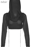 Spring Sexy Solid Pullover Hoodies Club Outfit For Women 2023 Long Sleeve Hooded Crop Top Female Black Knit