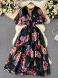 V-Necked Print Chiffon Dress Shows Lean Lotus Leaf Edge Short-Sleeved Waist First Love Fairy Skirt-Outfit