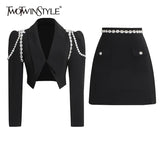Patchwork Diamonds Two Piece Set For Women Puff Sleeves Crop Top Blazer High Waist Skirts Female 2021 Summer
