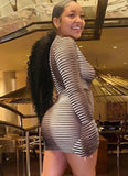 Print Sexy Deep-V Ruched Strings Long Sleeve Bodycon