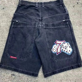 street American men shorts pattern print hiphop hip hop retro men and women denim shorts mens shorts-Outfit