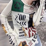 Letter Printed Pullovers Streetwear Spring Autumn Round Neck Women's Clothing Long Sleeve Casual Spliced Slim T-shirt-Outfit