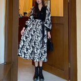 Two Pieces Broken Flowers Patchwork Dresses Female Clothing Elegant V-Neck Spring Autumn Fashion Drawstring Bow Midi