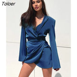 Blue Sexy Satin Wrap Dresses Women Lapel Fashion Elegant Slim High Waist A-Line Dress Autumn Casual Shirt Dress 2022
