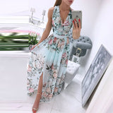 V-Neck Sleeveless Summer Dress Women Chiffon Split Maxi Party Dress Sexy Vintage Floral Print Long Dresses Vestido