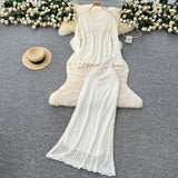 Wind High-End Sleek Crochet Knitting Set Of Women's Round Collar Long Sleeve Blouse High-Waisted Hip
