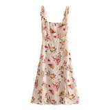 Summer Vintage Prairie Chic Lace-Up Floral Print Spaghetti Strap A-line Side Slit Elastic Dress Zipper Vestido