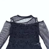 Autumn New Personality Women's Wear Dark Wind Hot Girl Sexy Slim Grid Hole Long-Sleeved Top Girl-Outfit