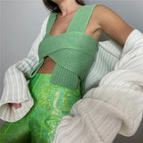 Fashion 2020 Winter Bandage Sexy Knitted Green Women Sweater Vest Off Shoulder Pullover Cropped Sweater Tops Jersey