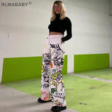 Loose Graffiti Print High Waist Pants Casual Streetwear Sexy Trousers Women Wide Leg Elastic Waist Female Pants