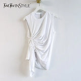 White Casual Asymmetrical T Shirt For Women O Neck Sleeveless Solid Ruched Slim T Shirts Female 2021 Summer