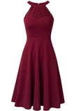 Vintage Halter Sleeveless Solid Lace Bow A-line Midi