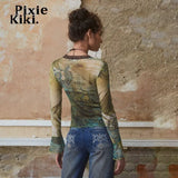 Fairy Grunge Flare Long Sleeve Crop Tops Y2k Style Square Neck Print Mesh Shirts 90s Vintage Aesthetic Clothes