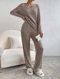 Women Tracksuit Knitted Sweater Pant Sets 2023 Autumn V Neck Pullover Tops Trousers Suits Casual Two Piece Set Outfits-Outfit