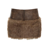 Cloth Forget Retro Brown Low-Waisted Umbilled Zip Hair Short Skirt Design Leather Splicing Bag Hip