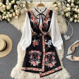 2 Piece Set Overalls Dress Women Bow Stand Collar White Shirt Top+ Irregular Vintage Print V-Neck Vest Dress