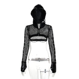 Summer New Personality Trend Blouse Women's Dark Wind Leather Printed Mesh Hoodie Blouse-Outfit