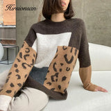 Leopard Patchwork Cashmere Sweater Women Loose Casual Knitted Pullovers Autumn Soft Knitwear Female Retro