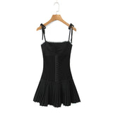 New Pleated Hem Slim Mini Suspender Dress-Outfit