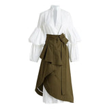 Elegant Patchwork Ruffle Set For Women Stand Collar Long Sleeve Shirt Asymmetrical Skirts Female Sets 2022