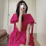 Dresses Woemn Lace Up Ruffles Patchwork Puff Short Sleeve Solid Korean Fashion Spring Summer Ladies Dress Casual-Outfit