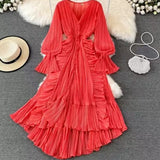Fairy Seaside Holiday Chiffon Dress Female Lotus Lace V Collar Temperament Folded Waist Thin Swing
