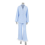 Women's 2Pieces Pajamas Underwear Set Plaid Turn Down Collar Long Sleeve Button Shirts+ Feather Pants Lounge Suits-Outfit