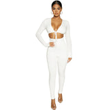 Solid Hollow Out Long Sleeves Bandage Bodycon Jumpsuit Summer Women Fashion Sexy Club Backless One Piece