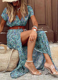 Boho Long Dress Women Beach Floral Print Belted Maxi Dress Casual V-Neck Party Holiday Sundress Ladies Dress Plus Size