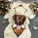 Treny Print Top Women's Sexy Backless Strap Camis Scarf Tie Crop Top Beach Holidays Sexy All-matching Summer