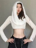 Spring Sexy Solid Pullover Hoodies Club Outfit For Women 2023 Long Sleeve Hooded Crop Top Female Black Knit