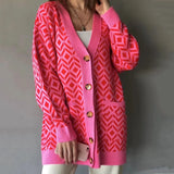 Free Shipping V-Neck Lantern Long Sleeve Cardigan Women Knitted Printed Oversized Sweater 2022 Fall New Single-Breasted